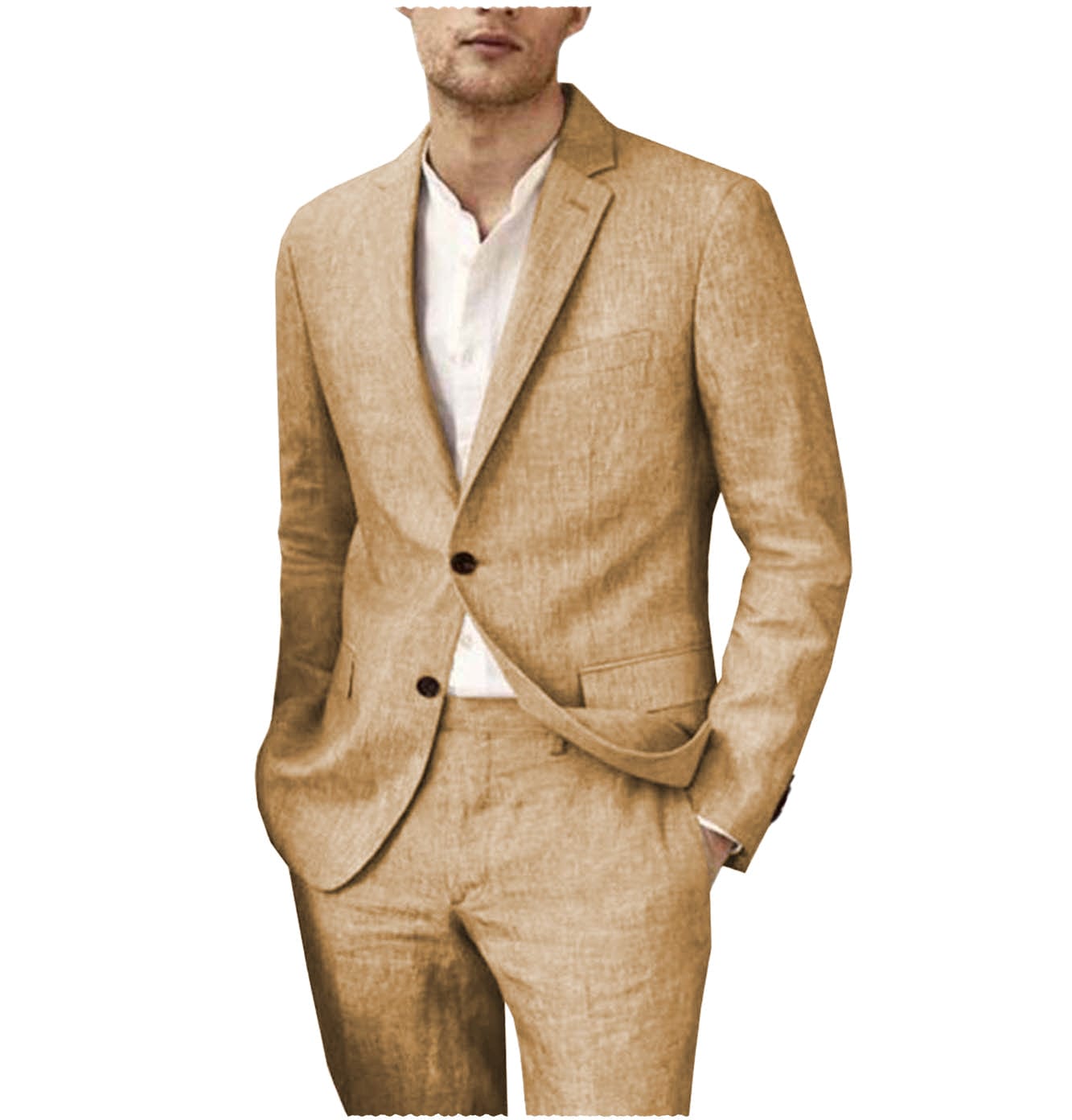 Linen Suits For Men Wedding 2 Piece Fit Casual Notch Lapel Summer Grooms  (Blazer+Pants