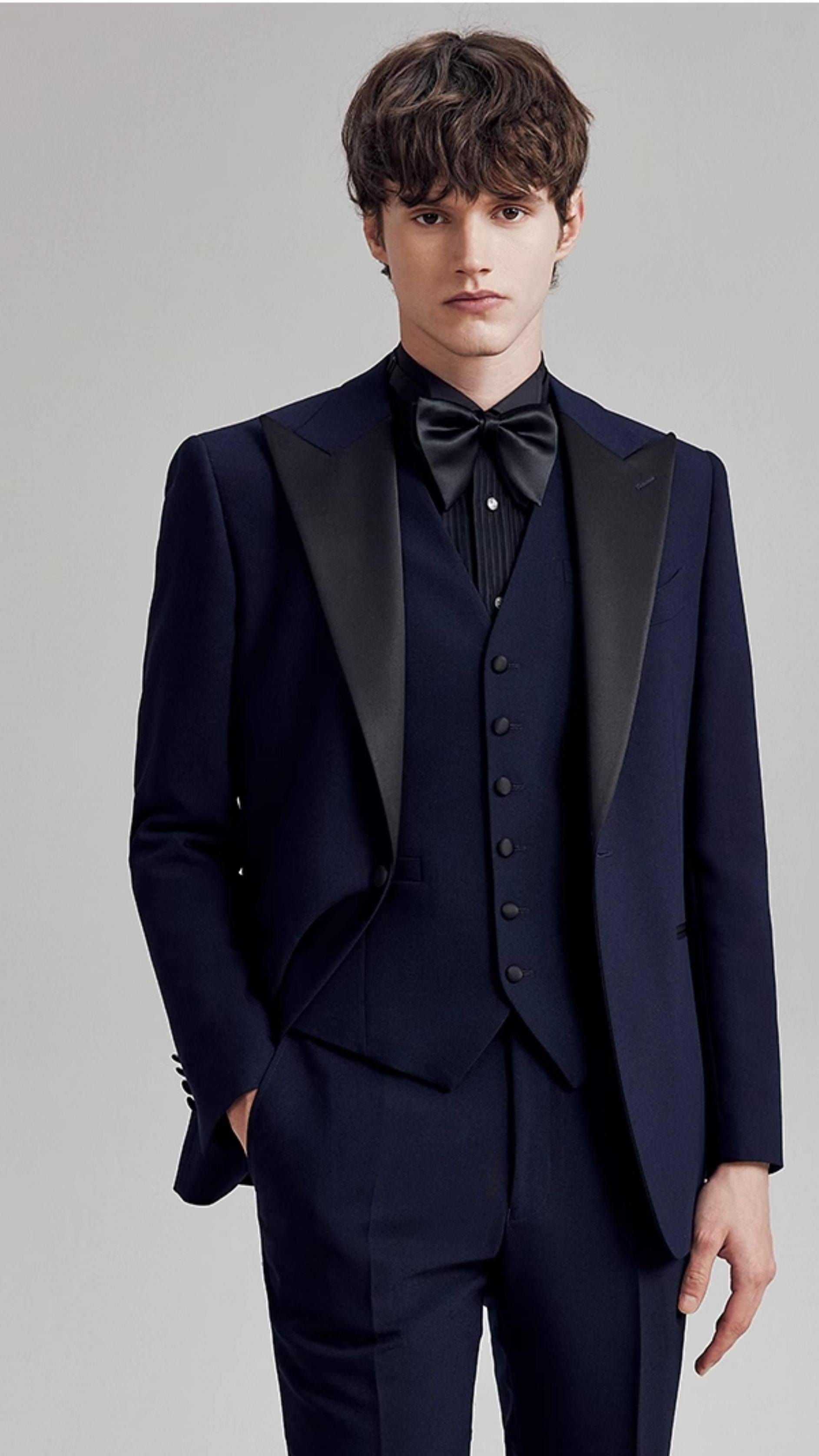 Men's Wedding Dress Formal Suit Navy Blue Suit Three-piece Suit (Blazer+vest+Pants)