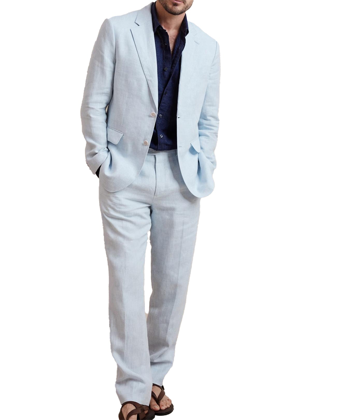 Linen Fashion Leisure Notch Lapel for Men Casual Suit (Blazer+Pants）