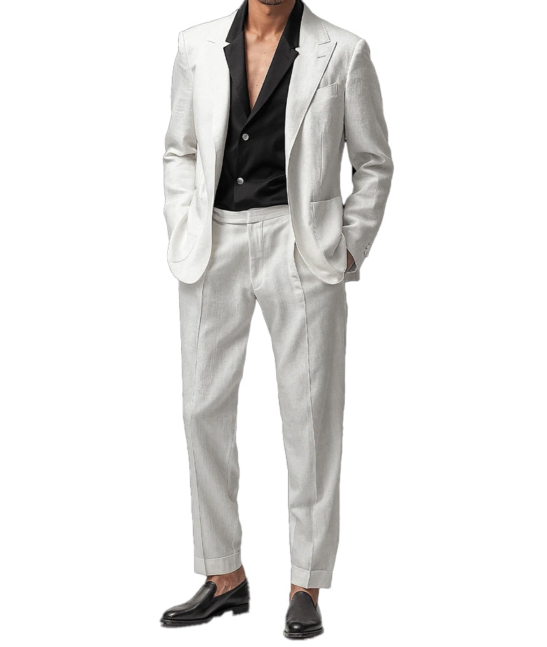 Men's Linen Peak lapel Fashion Casual Wedding Suit for Men (Blazer+Pants)