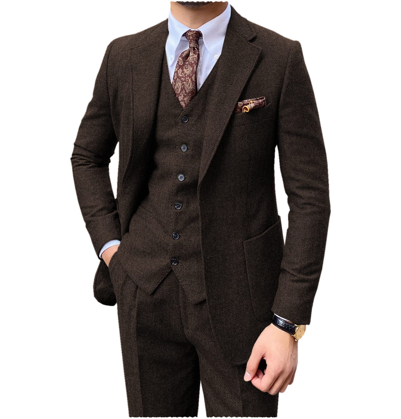 ceehuteey 3 Piece Mens Suit Herringbone Notch Lapel Tuxedos (Blazer+Vest+Pants)