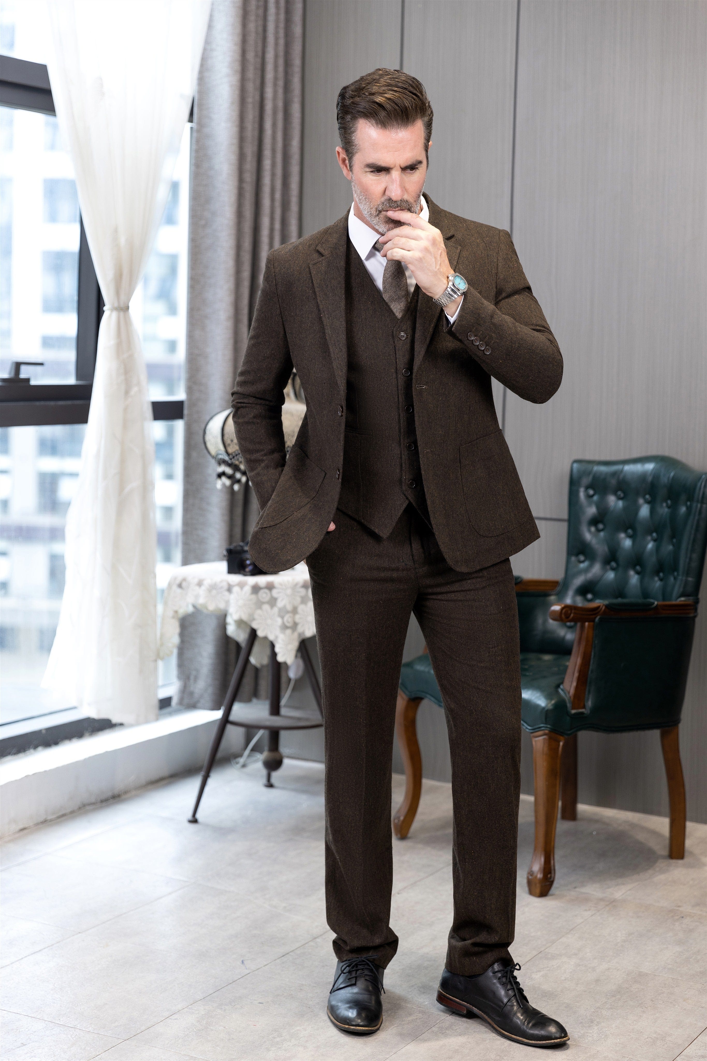 ceehuteey 3 Pieces Mens Suit Herringbone Business Flat Suit (Blazer+vest+Pants)