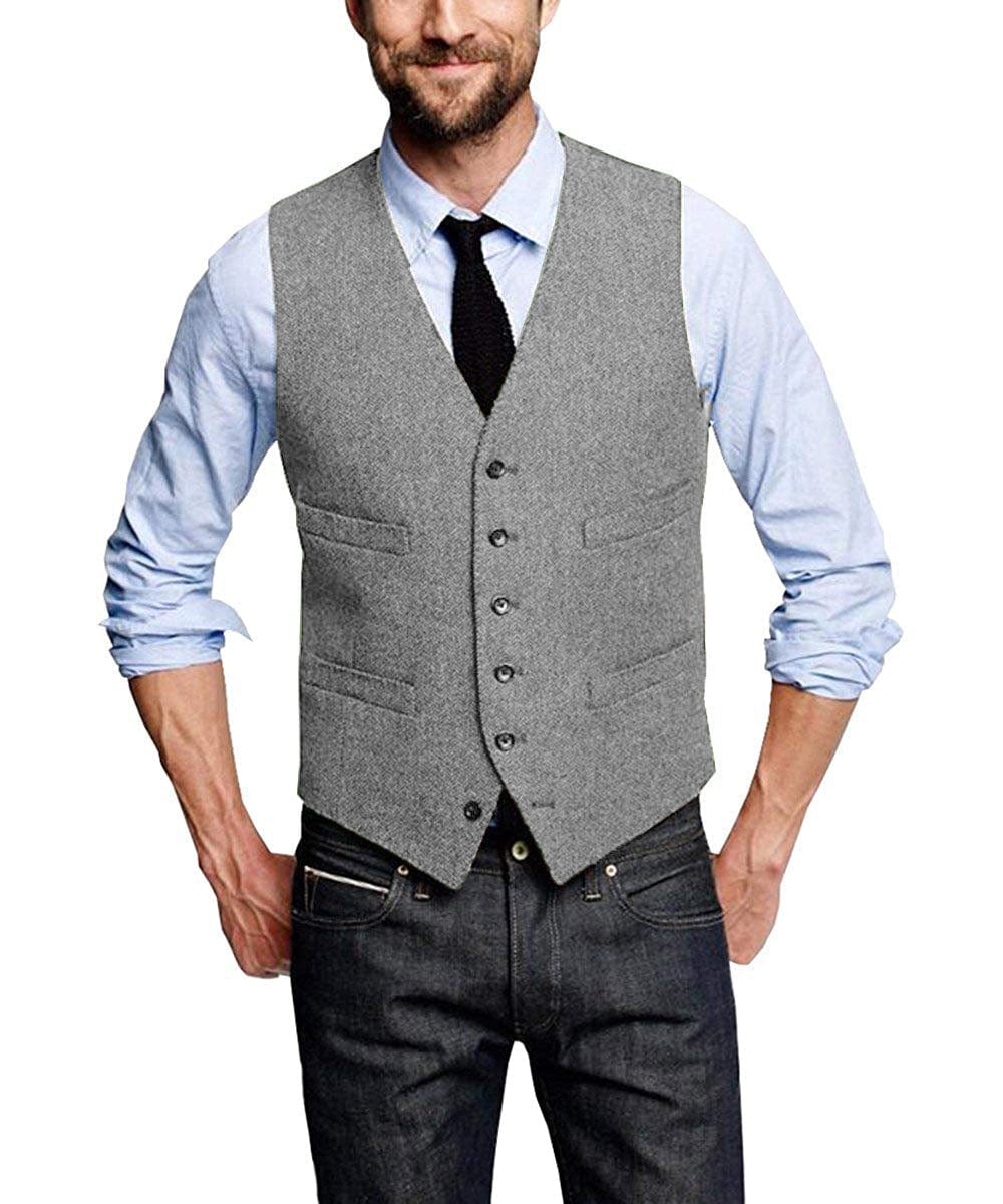 ceehuteey Casual Mens Leisure Tweed Herringbone V Neck Waistcoat