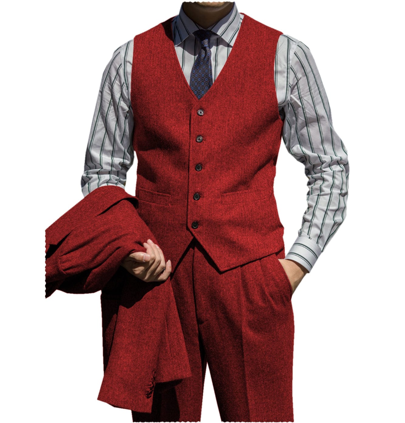 ceehuteey Classic Men‘s  Herringbone v Neck 2 Pieces（Waistcoat+Pants）