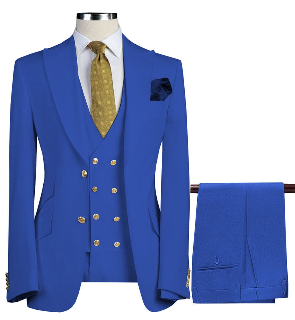 Men Suits 3 Pieces Royal Blue Tuxedos Peak Wide Lapel Business