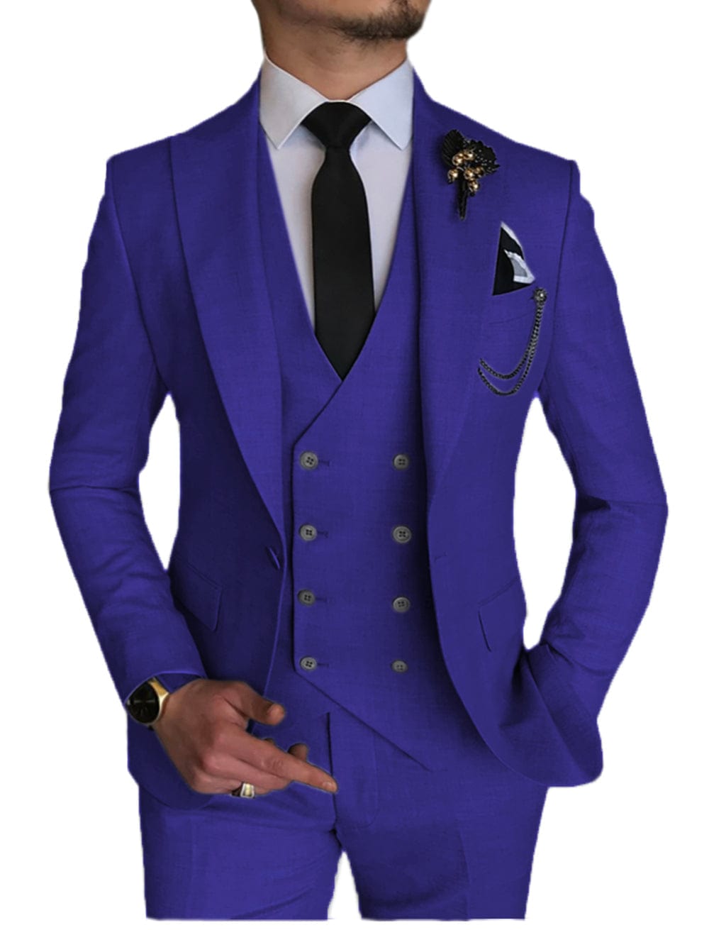 Men Suits 3 Pieces Royal Blue Tuxedos Peak Wide Lapel Business Groomsmen  Wedding