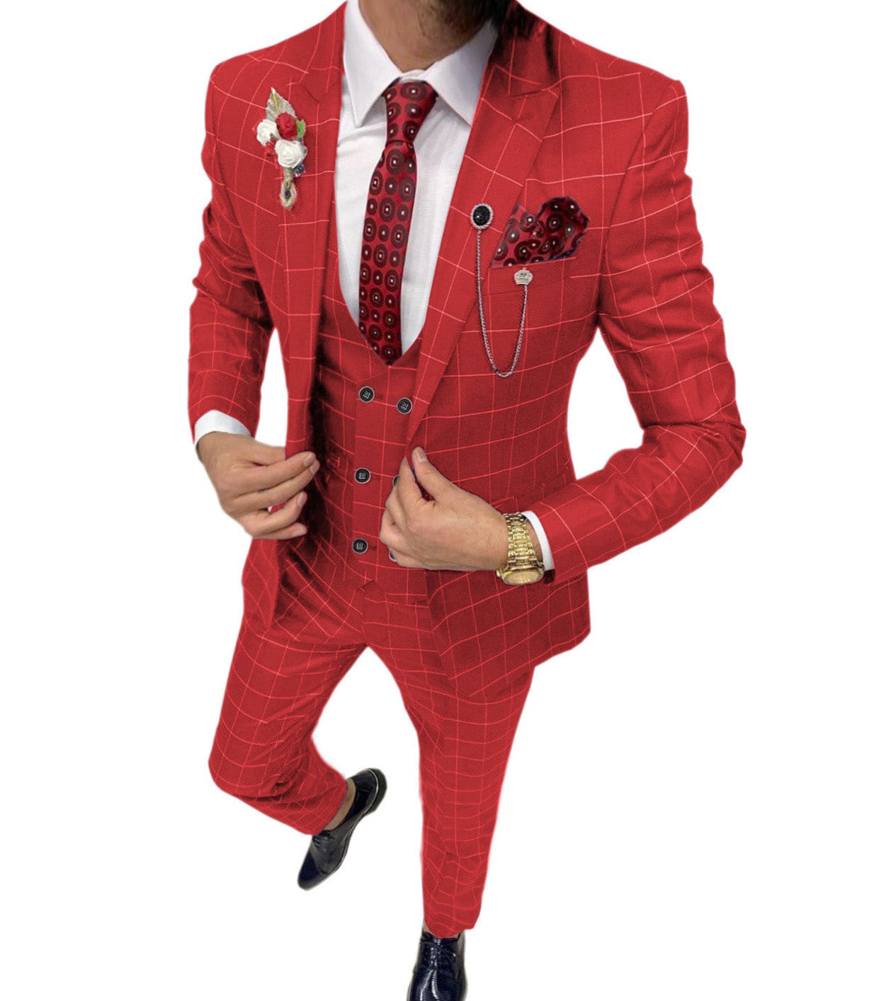 ceehuteey Formal Mens Suit 3 Pieces Check Plaid  Peak Lapel Tuxedos for Wedding (Blazer+Vest+Pants)