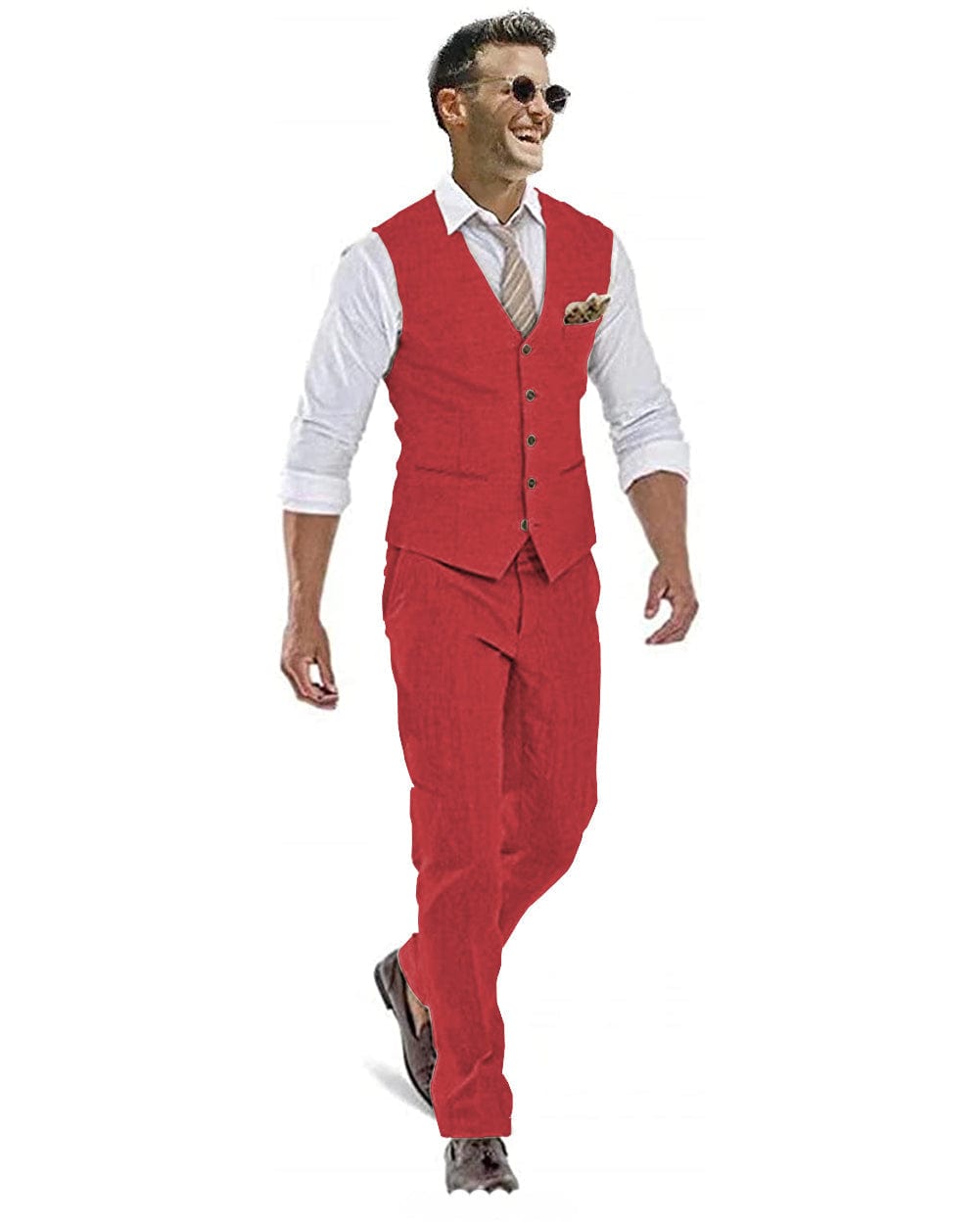 ceehuteey Linen Casual 2 Pieces Mens Suit Flat V Neck Groomsmen (Vest + Pants)