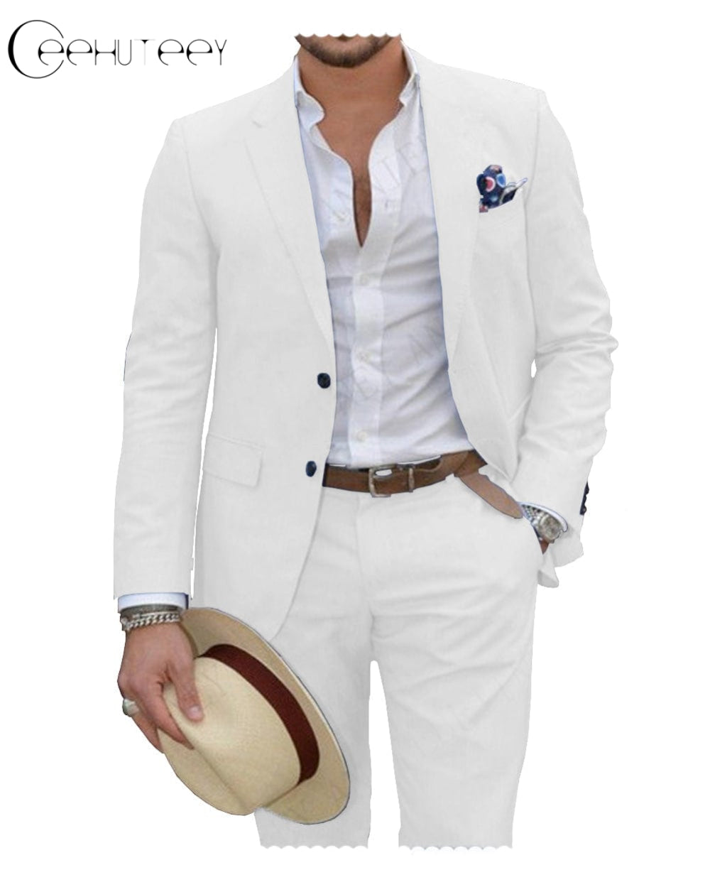 ceehuteey Linen Suit for Men Casual Wedding Suit for Men (Blazer+Pants)