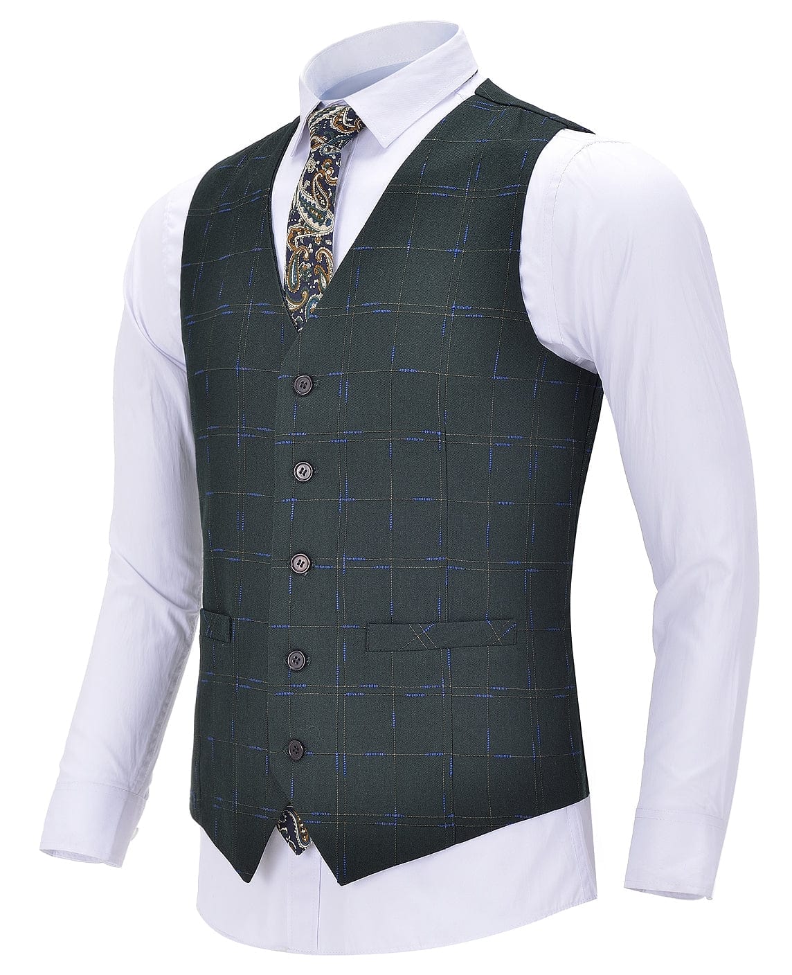 ceehuteey Men Formal V Neck Vest 5 Buttons Plaid Waistcoat