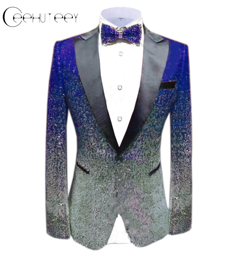 ceehuteey Men Peak Lapel Gradual Change Color Sequins Tuxedos Suit  Blazer