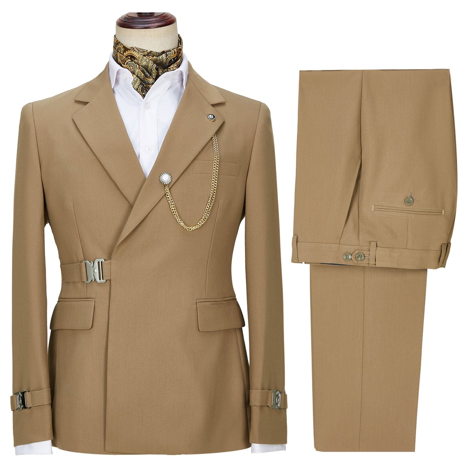 Men s 2 Piece Suit with Metal Clasp Slim Fit Suit Stylish Tuxedo Suit Set ceehuteey 42r Camel