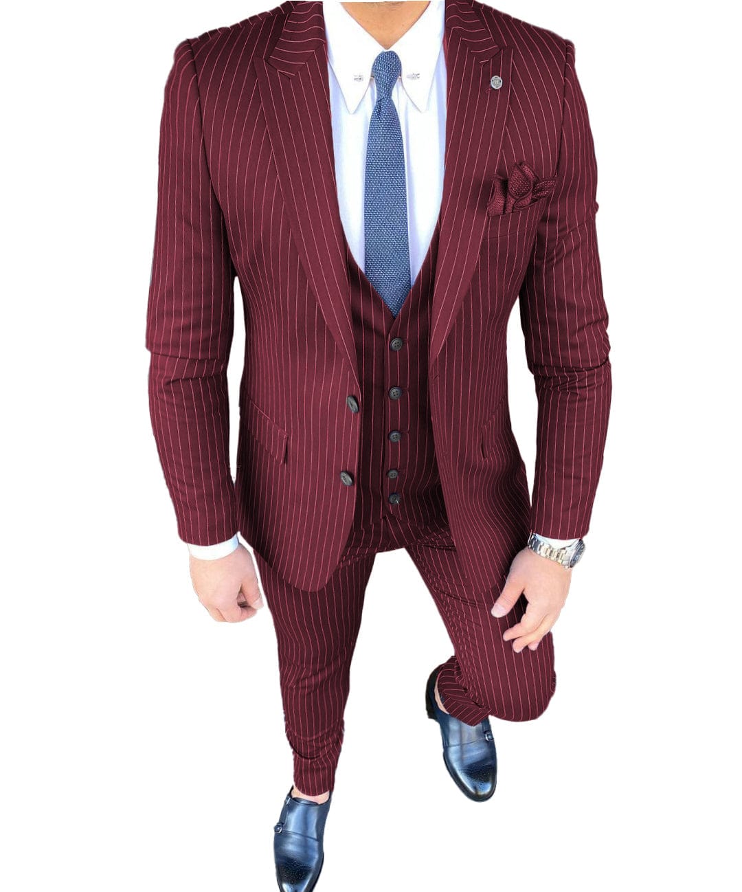 ceehuteey Men's 3 Piece Slim Fit Pinstripe Peak Lapel Tuxedos (Blazer+vest+Pants)