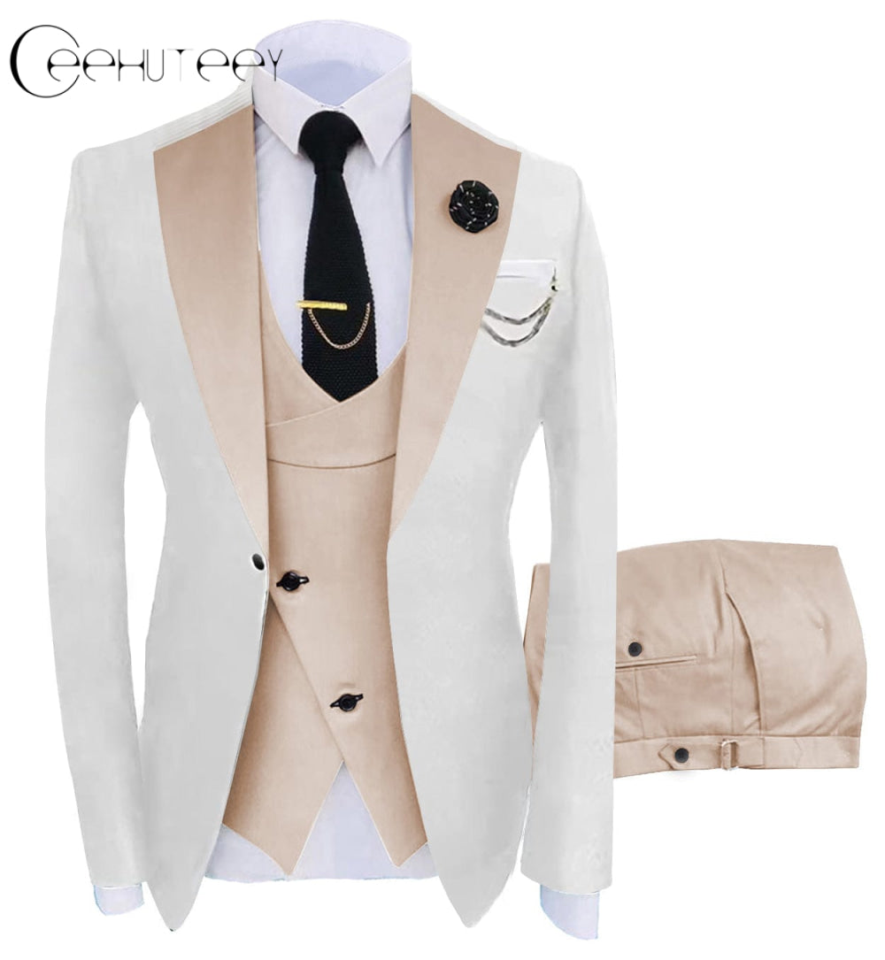 Men's 3 Piece Suits Slim Fit Notch Lapel Western Tuxedos (White  Blazer+Vest+ Pant)