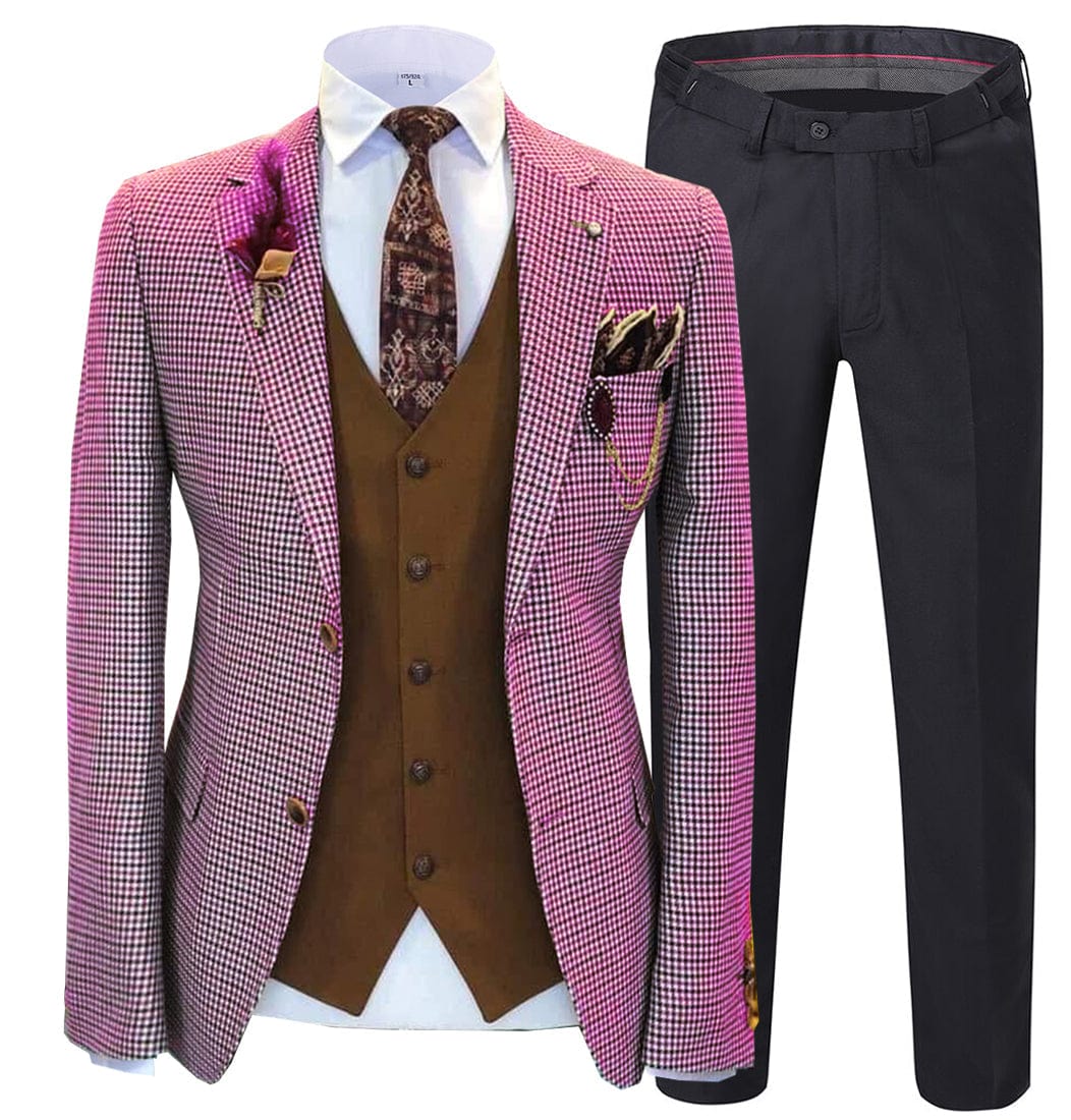 ceehuteey Men's 3 Pieces Checked Houndstooth Peak Lapel Tuxedos (Blazer+vest+Pants)