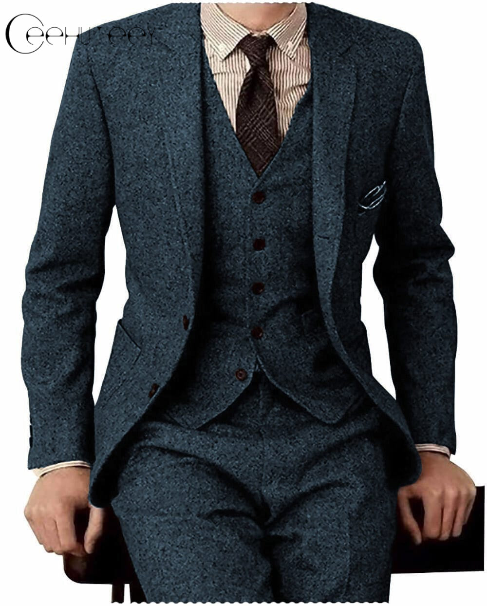 ceehuteey Men's 3 Pieces Suit Classic Tweed Notch Lapel Tuxedos Prom(Blazer+vest+Pants)