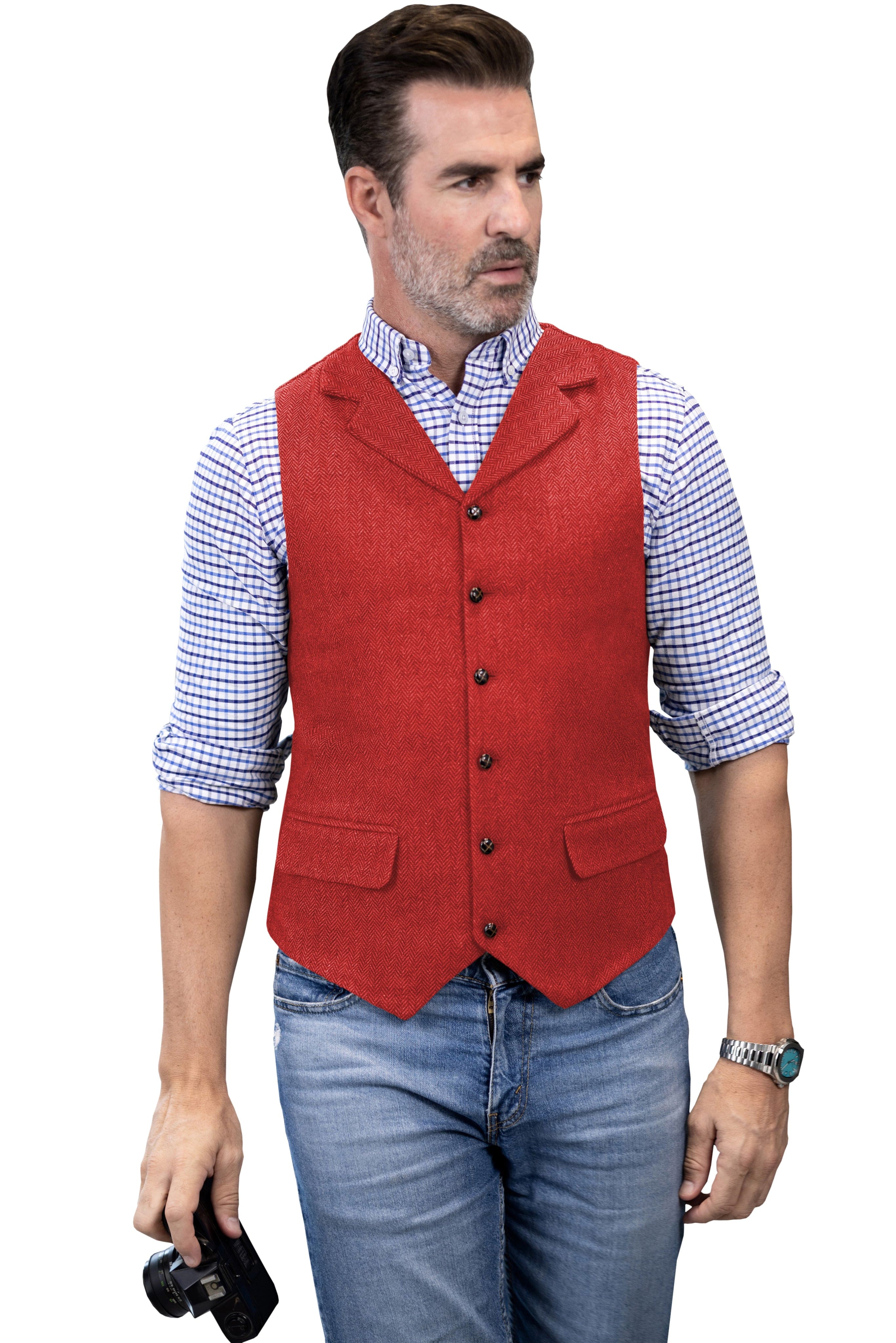 ceehuteey Men's Casual Vest Tweed Herringbone  Notch Lapel Waistcoat