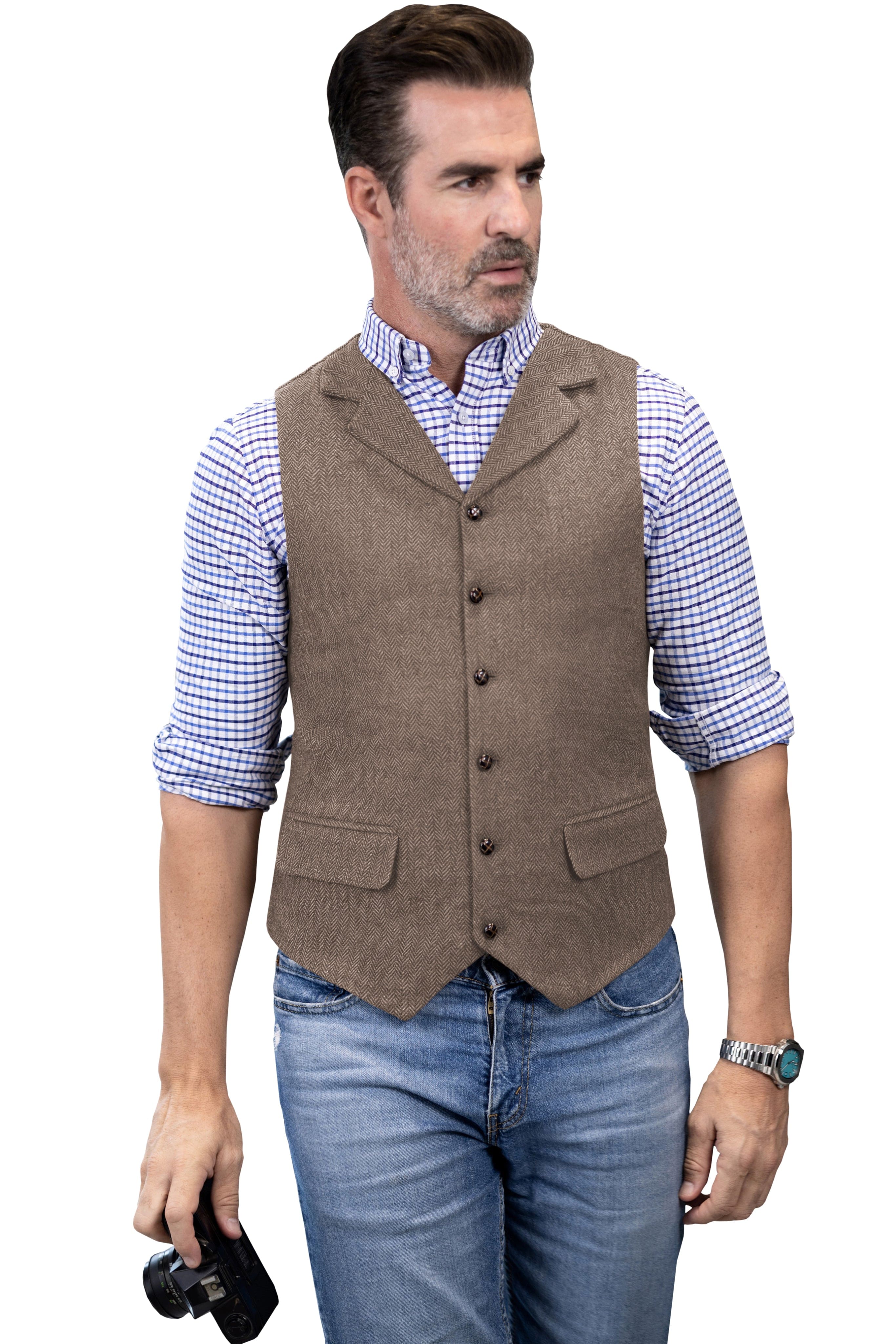 ceehuteey Men's Casual Vest Tweed Herringbone  Notch Lapel Waistcoat
