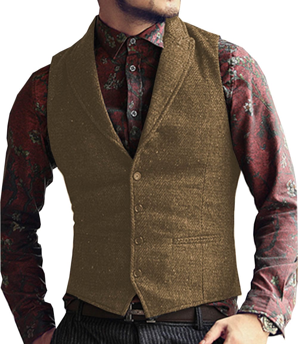 ceehuteey Men's Classic Peak Lapel Tweed Herringbone Waistcoat
