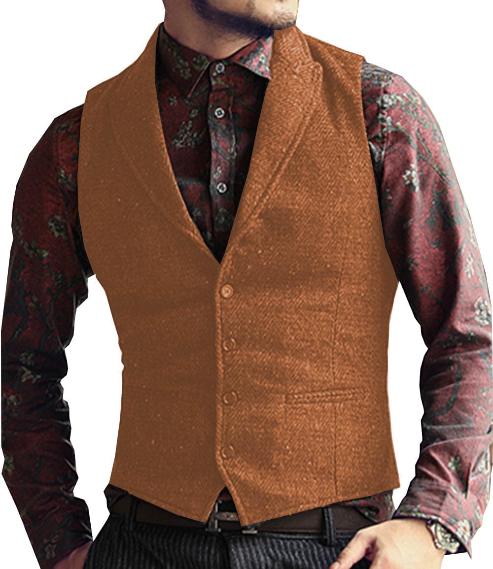 ceehuteey Men's Classic Peak Lapel Tweed Herringbone Waistcoat