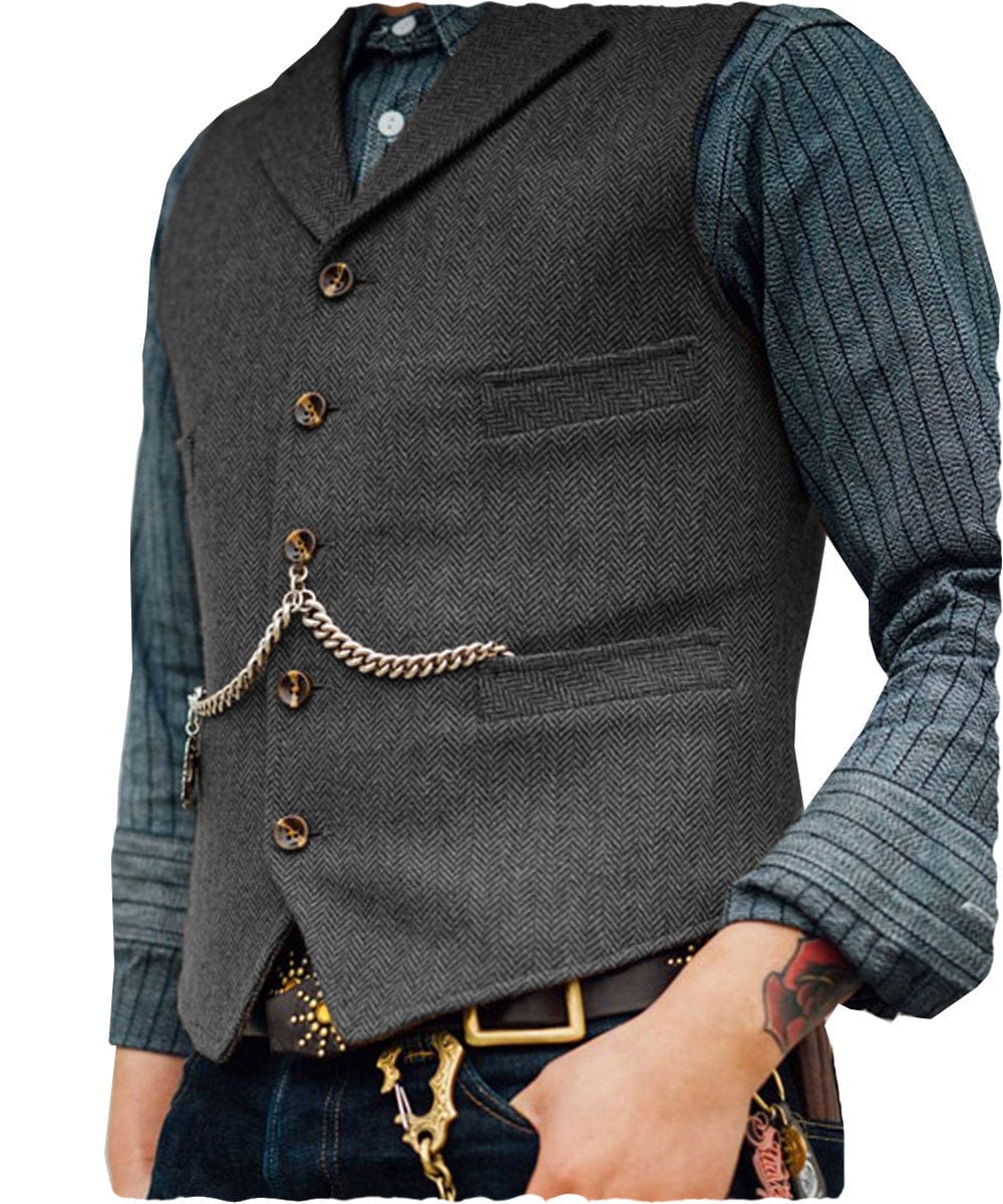Men's Classic Tweed Herringbone Vest Slim FitNotch Lapel Waistcoat