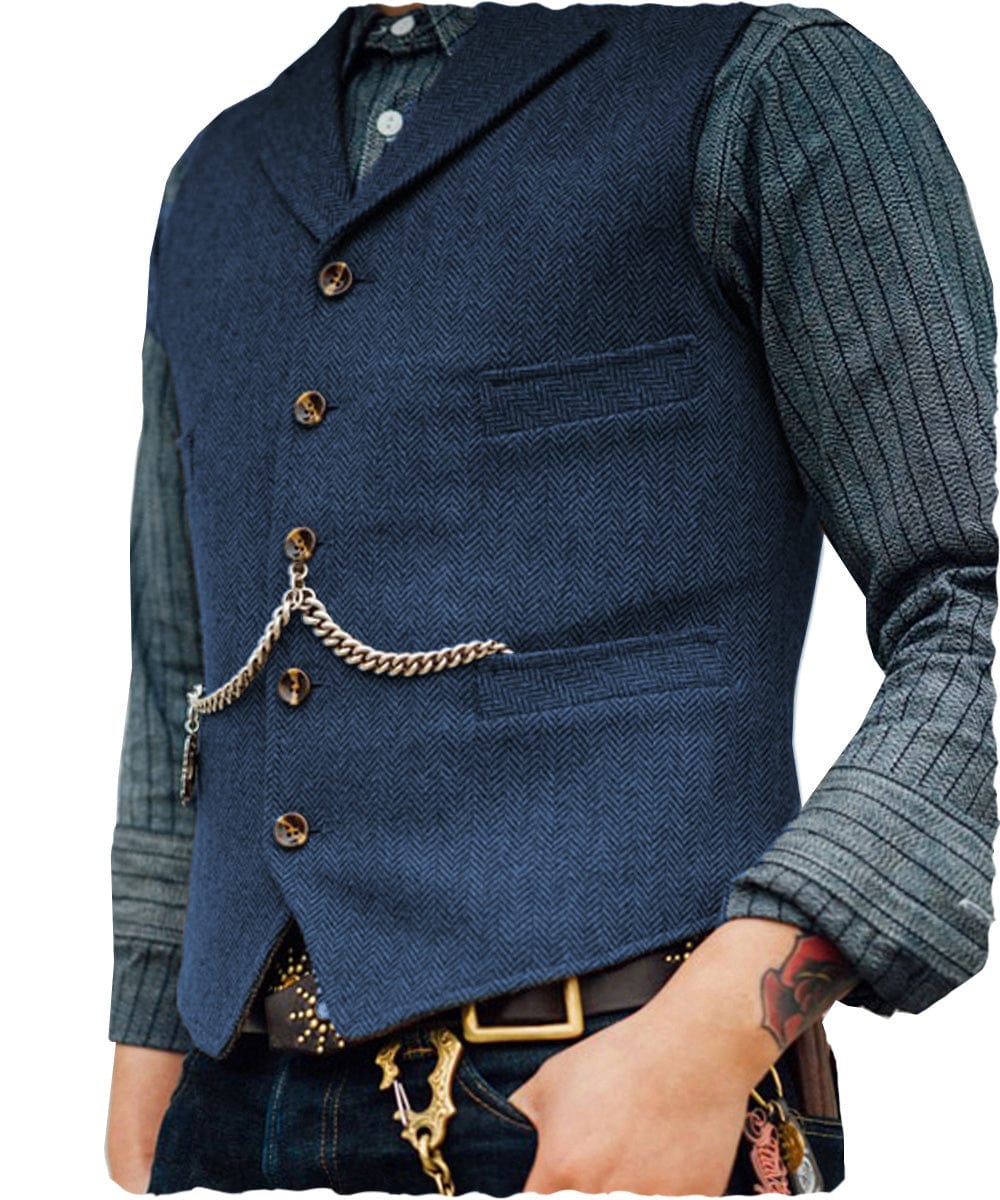 Men's Classic Tweed Herringbone Vest Slim Fit Notch Lapel Waistcoat