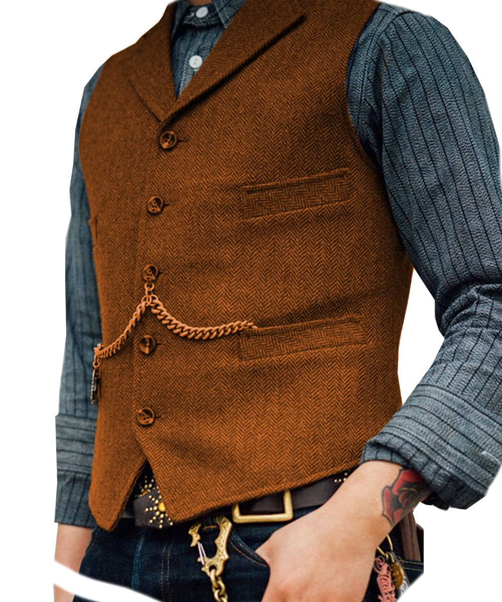 Men's Classic Tweed Herringbone Vest Slim FitNotch Lapel Waistcoat