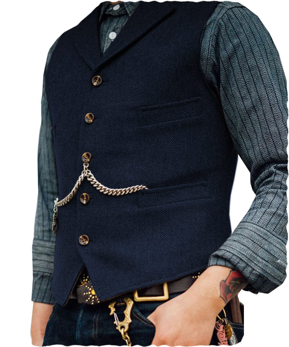 Men's Classic Tweed Herringbone Vest Slim Fit Notch Lapel Waistcoat