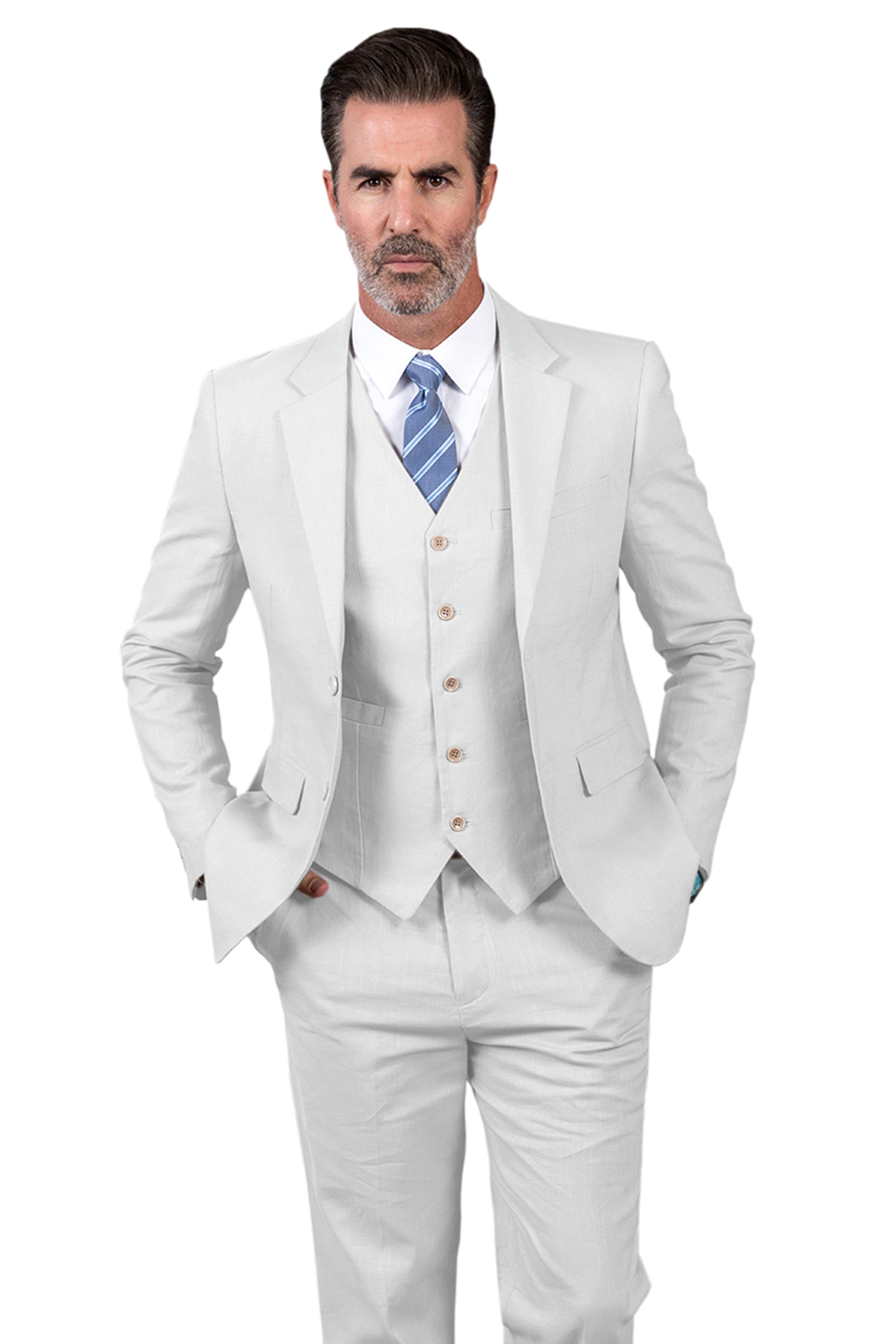 ceehuteey Men's Linen 3 Pieces Regular Fit Notch Lapel  Mens Suit(Blazer+Vest+ Pant)