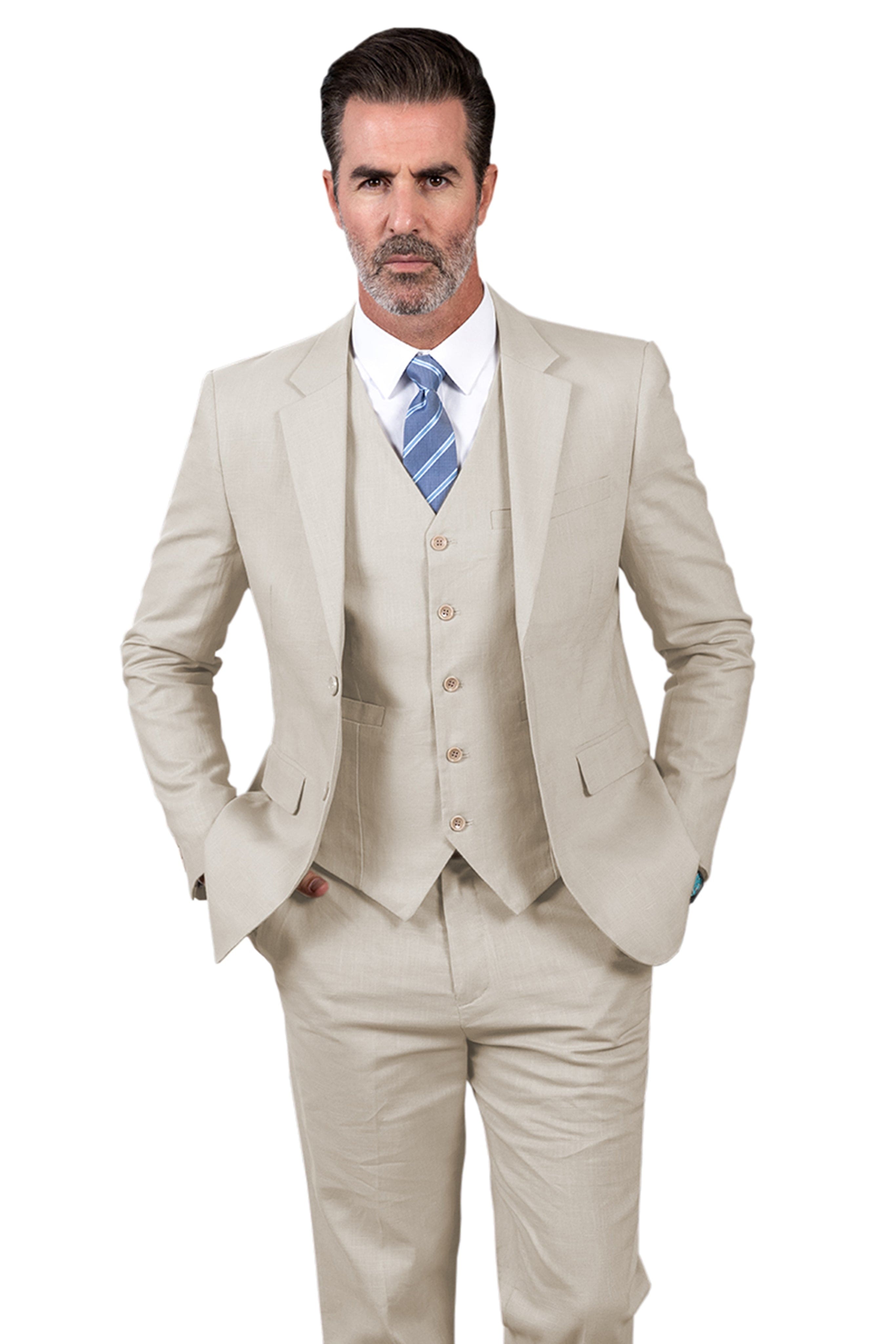 ceehuteey Men's Linen 3 Pieces Regular Fit Notch Lapel  Mens Suit(Blazer+Vest+ Pant)