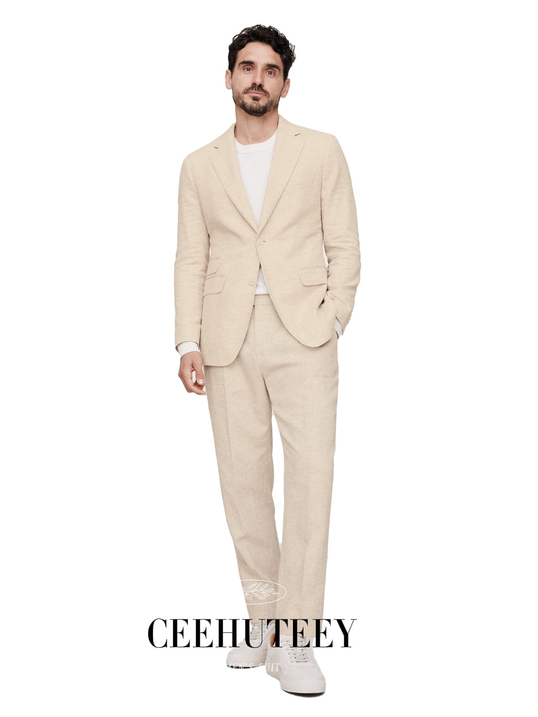 ceehuteey Men's Notch Lapel Slim Fit Cotton-Linen Jacket (Blazer+Pants)