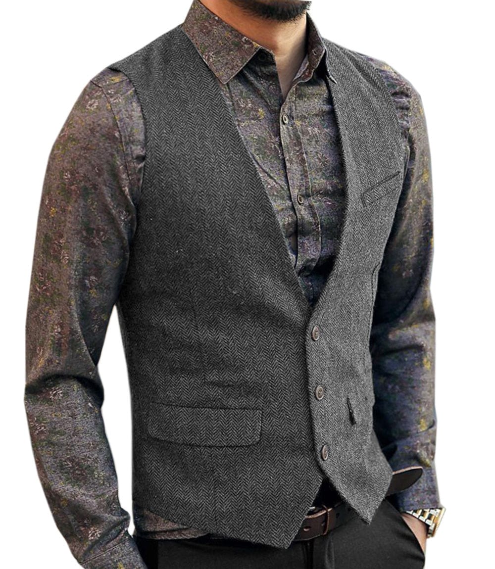 Men's Slim Fit Tweed Herringbone V Neck Casual Waistcoat | ceehuteey