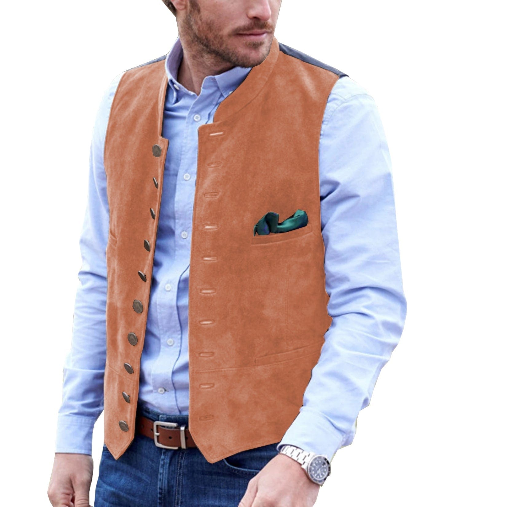 ceehuteey Men's Stand Collar Suede Fashion Waistcoat Denim Jacket