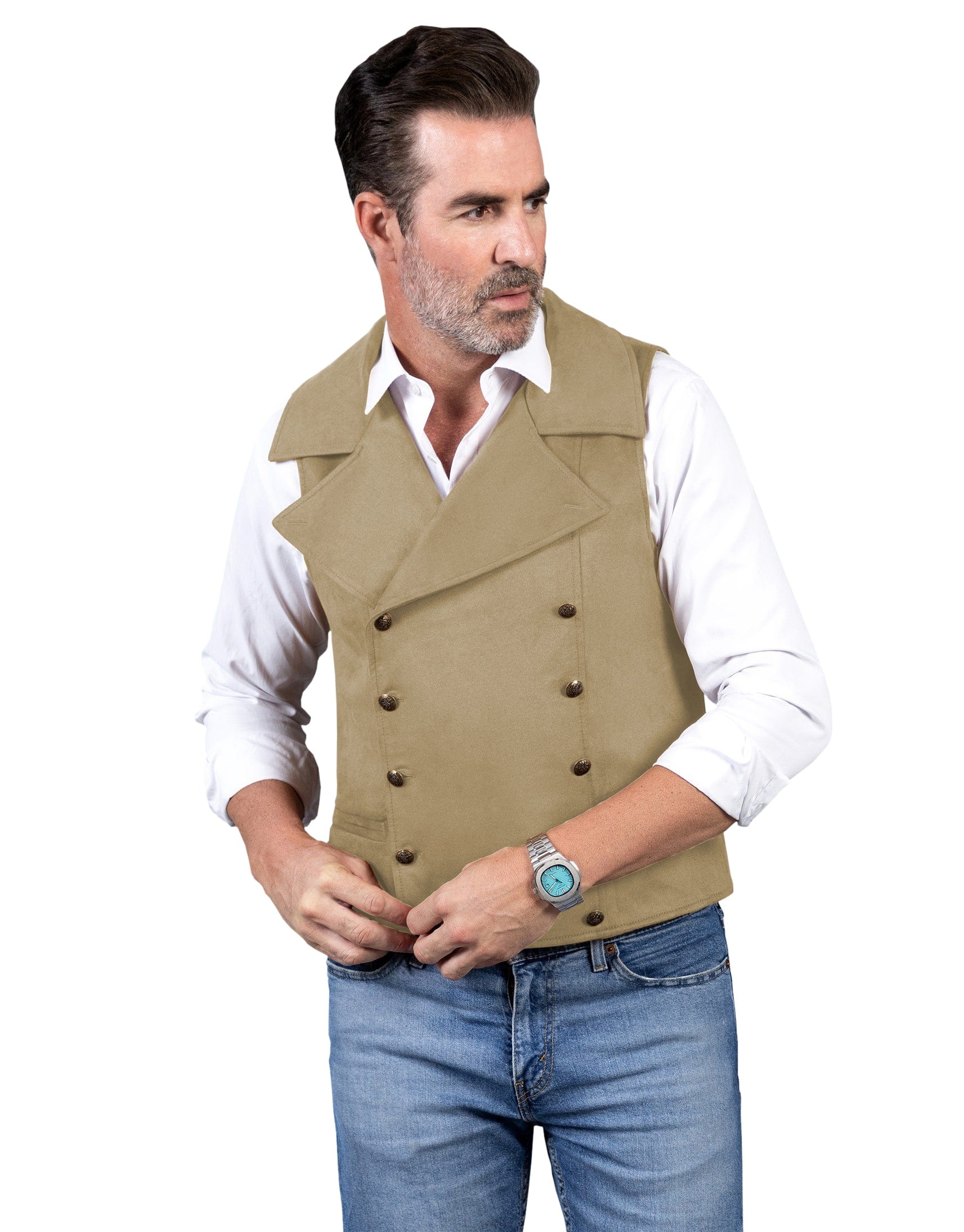 ceehuteey Men's Suede Cowboy Double Breasted Large Lapel Suede Classic Waistcoat