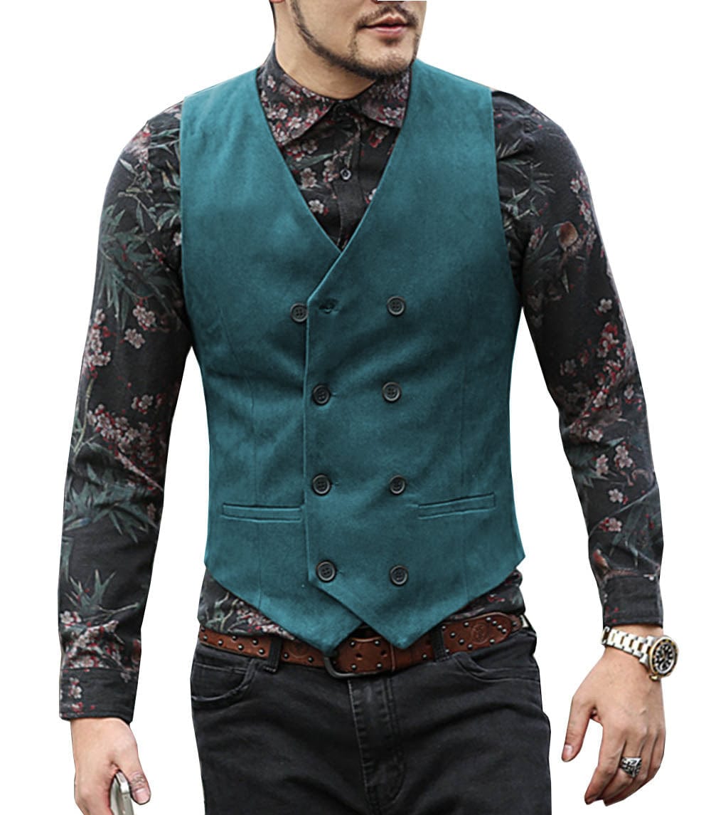 ceehuteey Men's Suede Cowboy Double Breasted Slim Fit V Neck Waistcoat