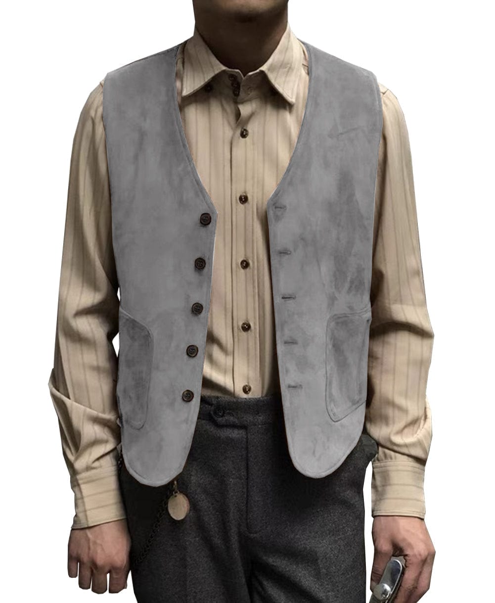 ceehuteey Men's Suede Cowboy V Neck Denim Jacket Waistcoat