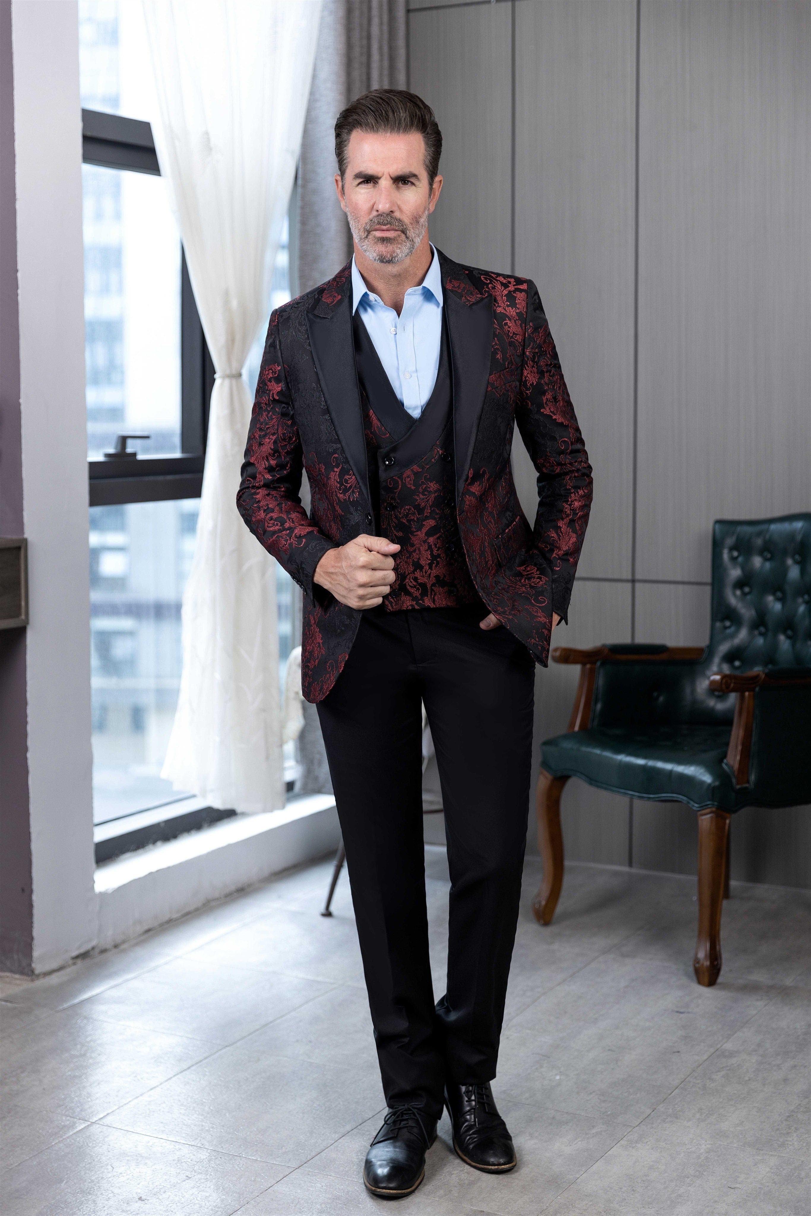 ceehuteey Men's Suit Double Breasted patterned Peak lapel 2 Piece Business Tuxedos (Blazer + Vest + Pants)
