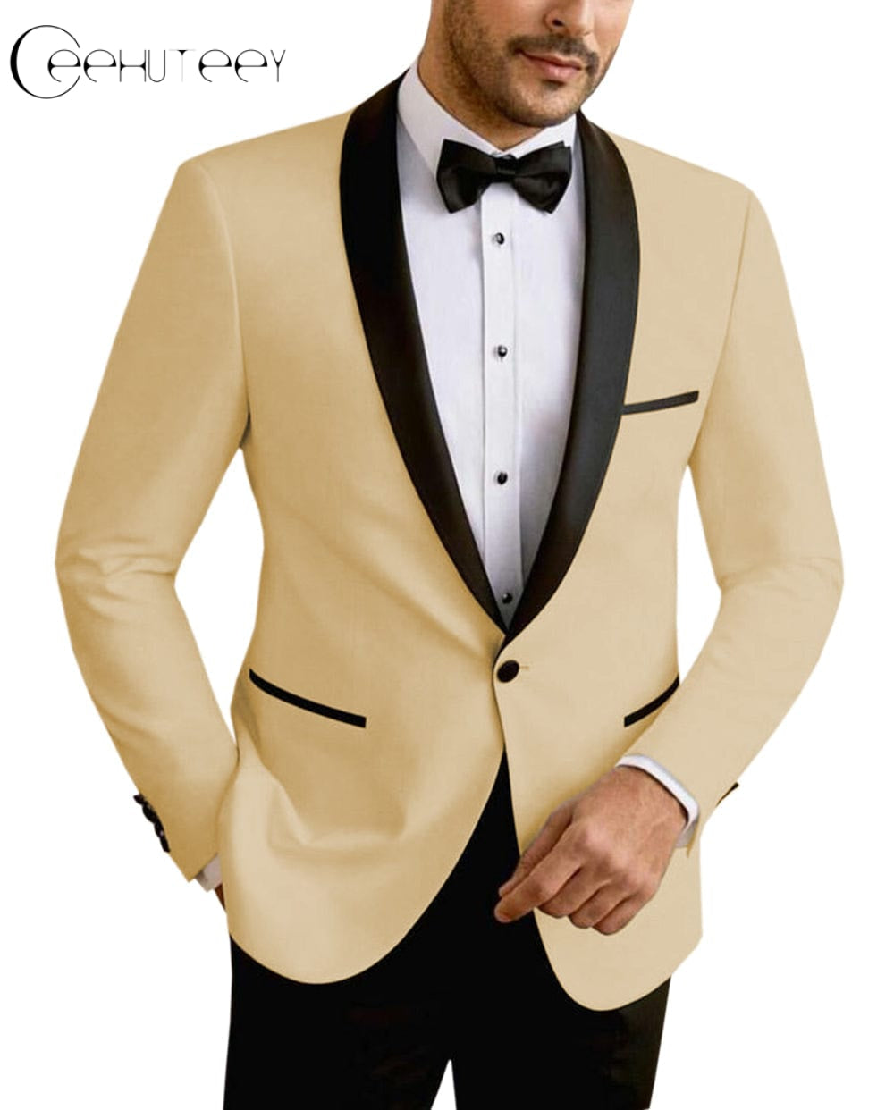 Cheap Black Trim Fit Mens Suit Set Gold Peaked Lapel One Button