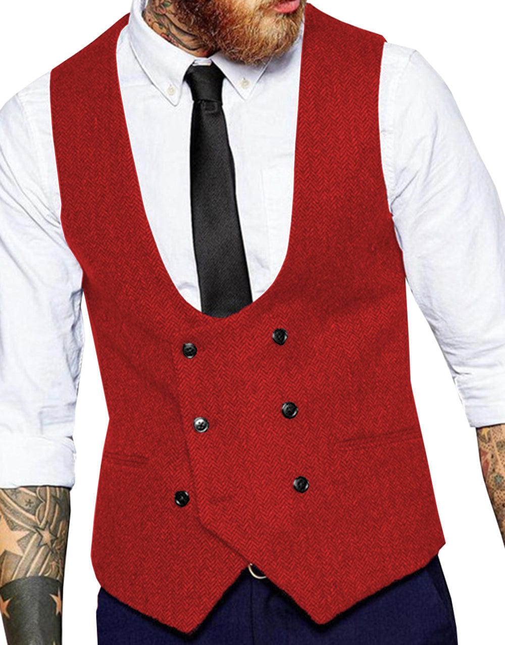 ceehuteey Men's Tweed Herringbone Double Breasted U Neck Waistcoat