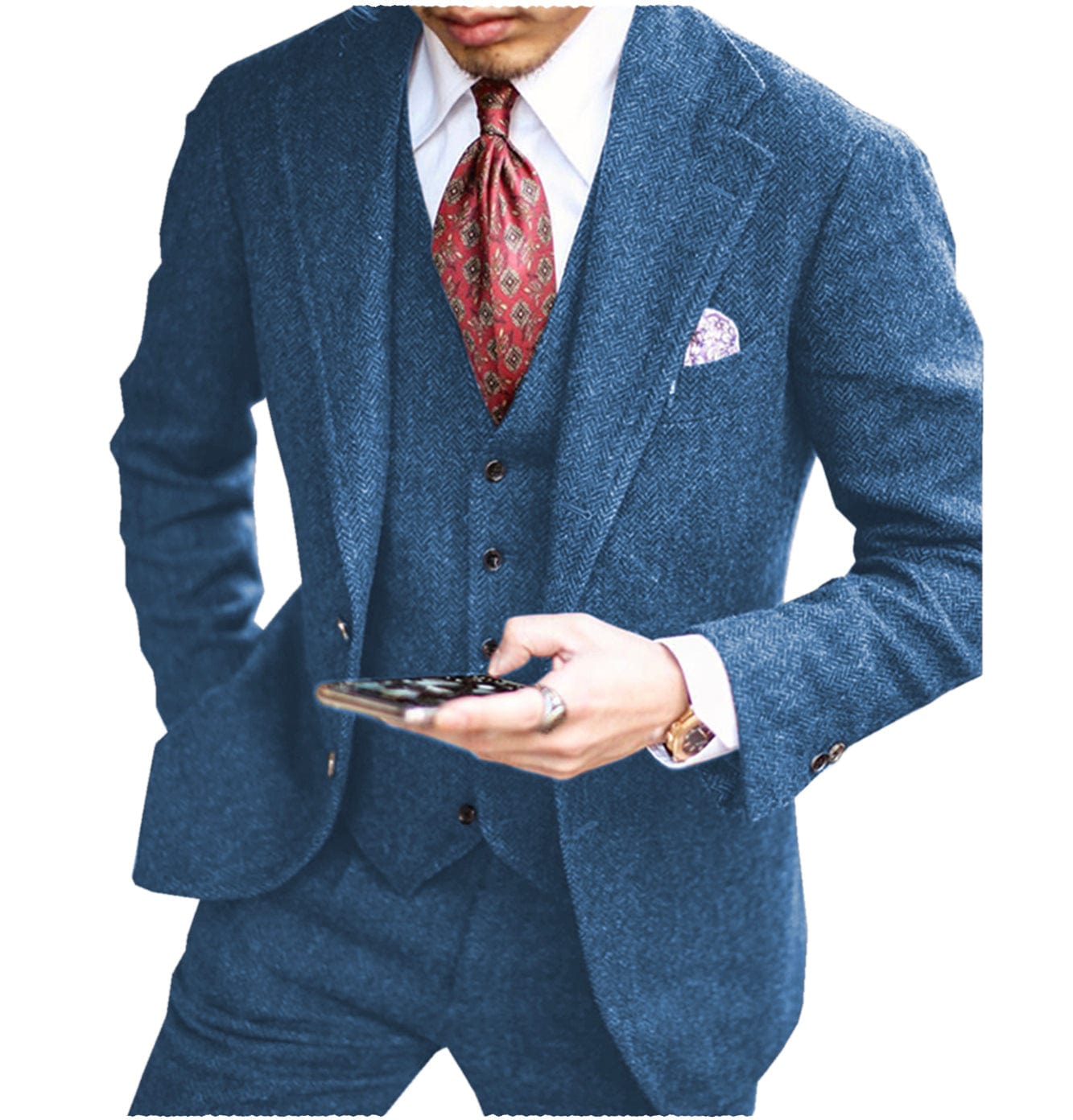 Mens Premium Wool Blend Tweed Herringbone Slim Fit Check Plaid Casual Suit  Separate Pant