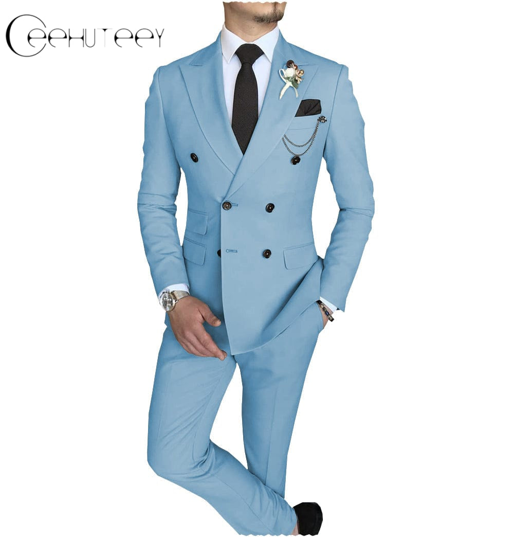 ceehuteey Mens 2 Piece Suit Slim Fit Double Breasted Peak Lapel Mens Coat (Blazer+Pants)