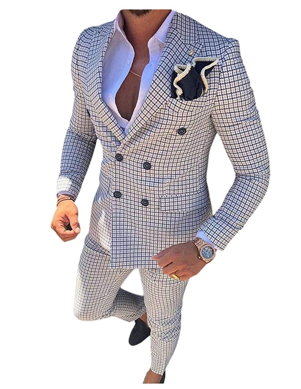 ceehuteey Mens 2 Pieces Plaid Suit Double Breasted Houndstooth Peak Lapel  (Blazer+Pants)