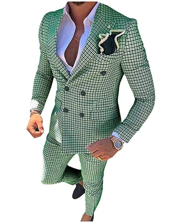 ceehuteey Mens 2 Pieces Plaid Suit Double Breasted Houndstooth Peak Lapel  (Blazer+Pants)