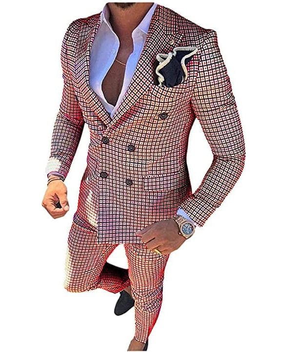 ceehuteey Mens 2 Pieces Plaid Suit Double Breasted Houndstooth Peak Lapel  (Blazer+Pants)