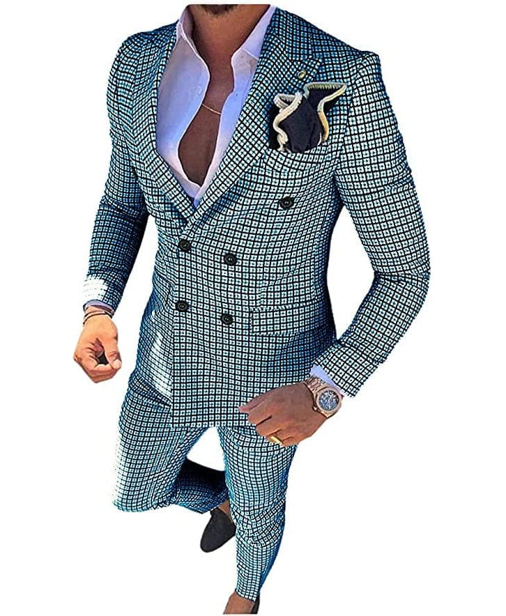 ceehuteey Mens 2 Pieces Plaid Suit Double Breasted Houndstooth Peak Lapel  (Blazer+Pants)