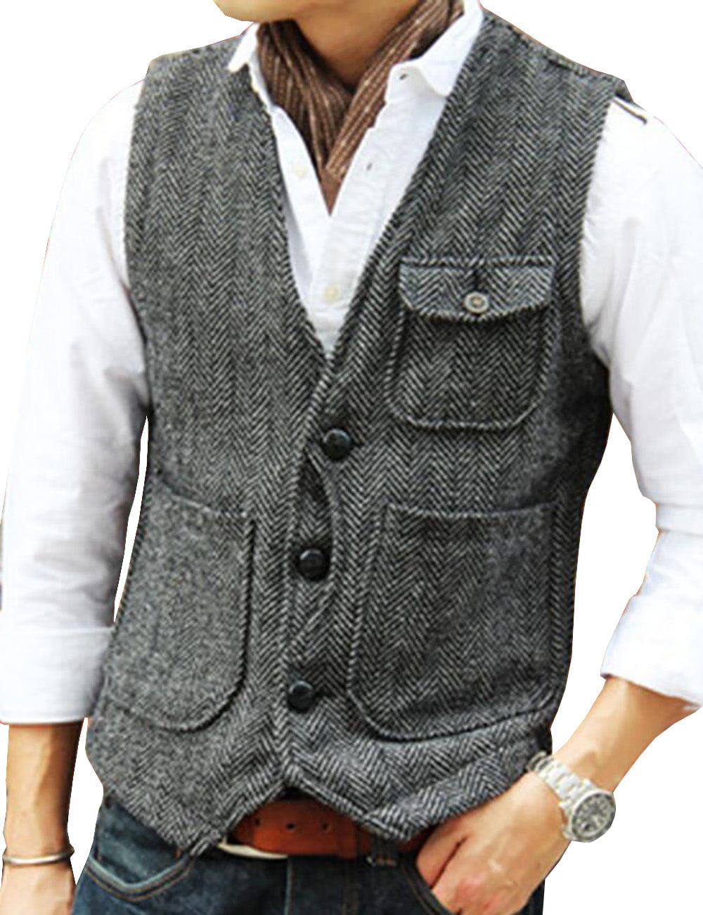 ceehuteey Mens Classic Tweed Herringbone Vintage V Neck Waistcoat