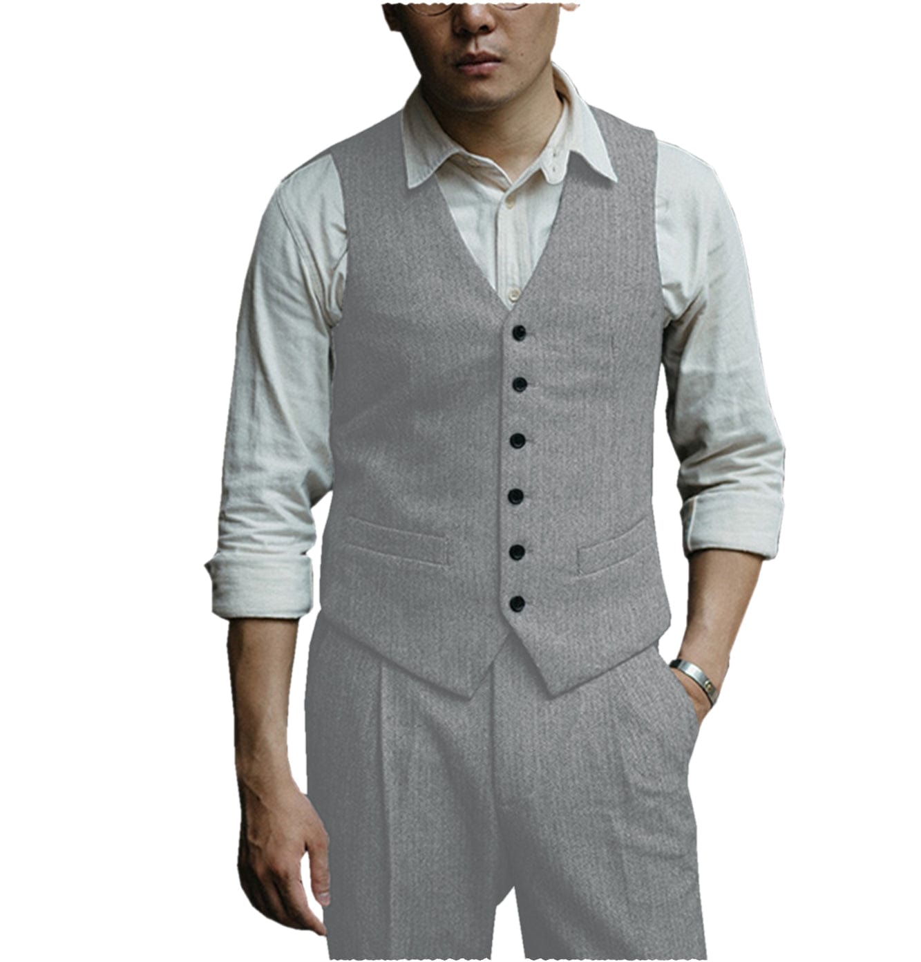 ceehuteey Mens Herringbone v Neck 2 Pieces （Waistcoat+Pants）