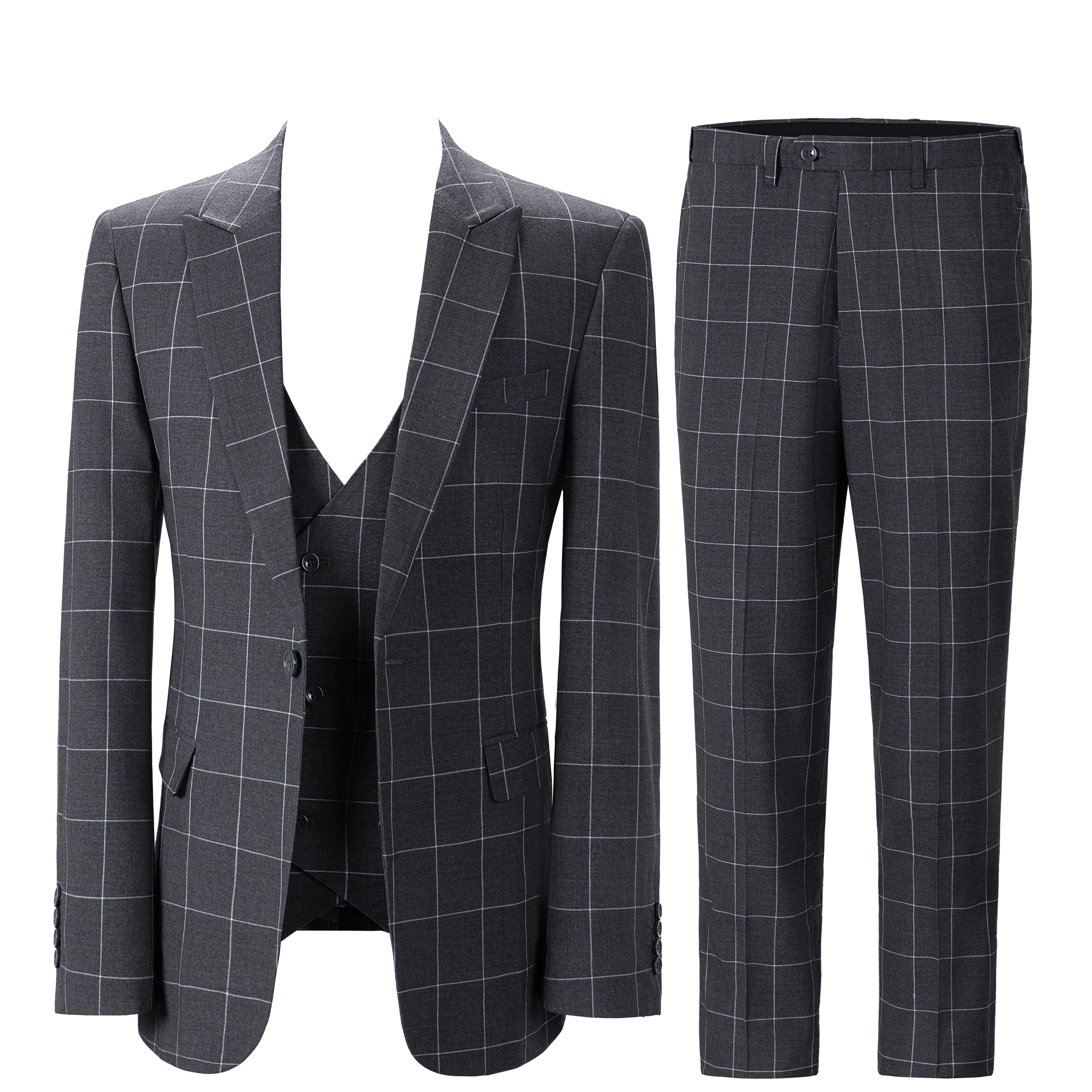 ceehuteey Mens Suit 3 Pieces Formal Business Peak Lapel Plaid Solid Tuxedos Jacket for Wedding Groom(Blazer+Vest+Pants)