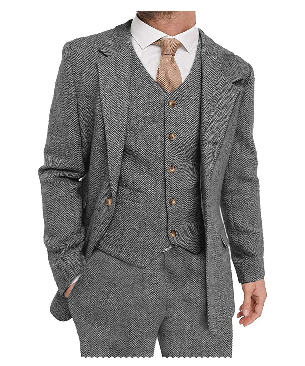 ceehuteey Mens Tweed Herringbone Suits 3 Piece Suits Formal Regular Fit Wedding Groom Suits