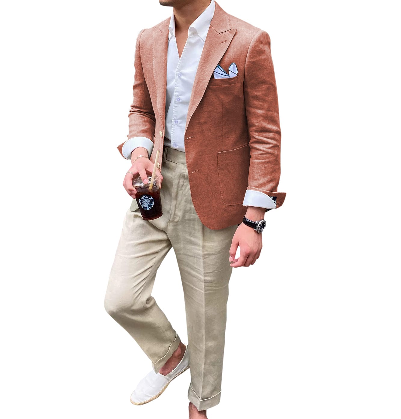 ceehuteey Summer Linen Men's Casual  Peak lapel Suit for Blazer